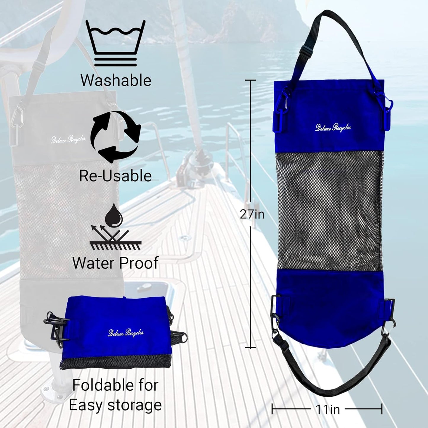 Portable Mesh Trash Bag for Boat - Washable Leakproof Outdoor Garbage Bags for Boat, Kayak or Camper – Lightweight & Large Capacity Bin Bag (Blue)