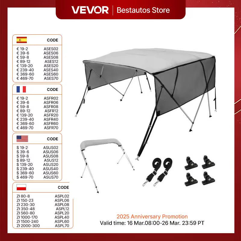 4 Bow Bimini Top Boat Cover Detachable Mesh Sidewalls 600D Polyester Canopy with Aluminum Alloy Frame Include Storage Boot