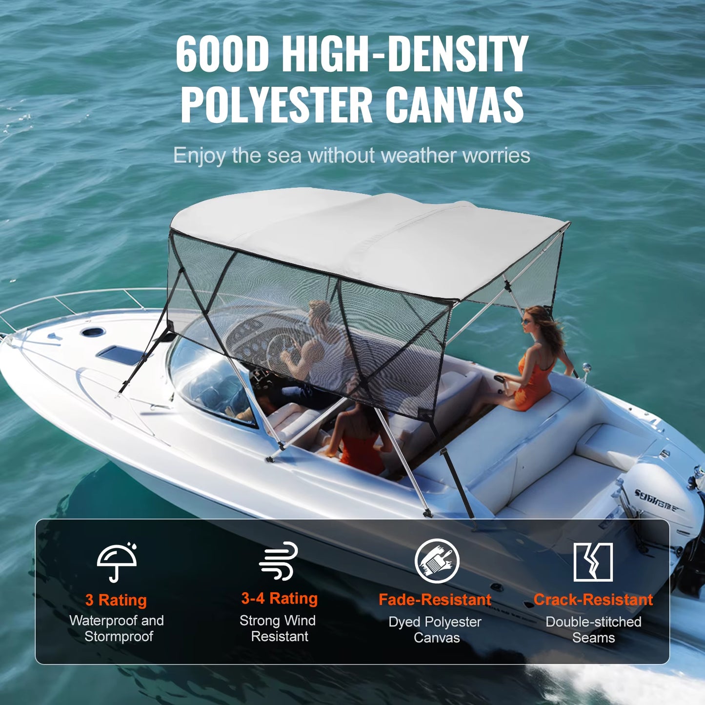 4 Bow Bimini Top Boat Cover Detachable Mesh Sidewalls 600D Polyester Canopy with Aluminum Alloy Frame Include Storage Boot