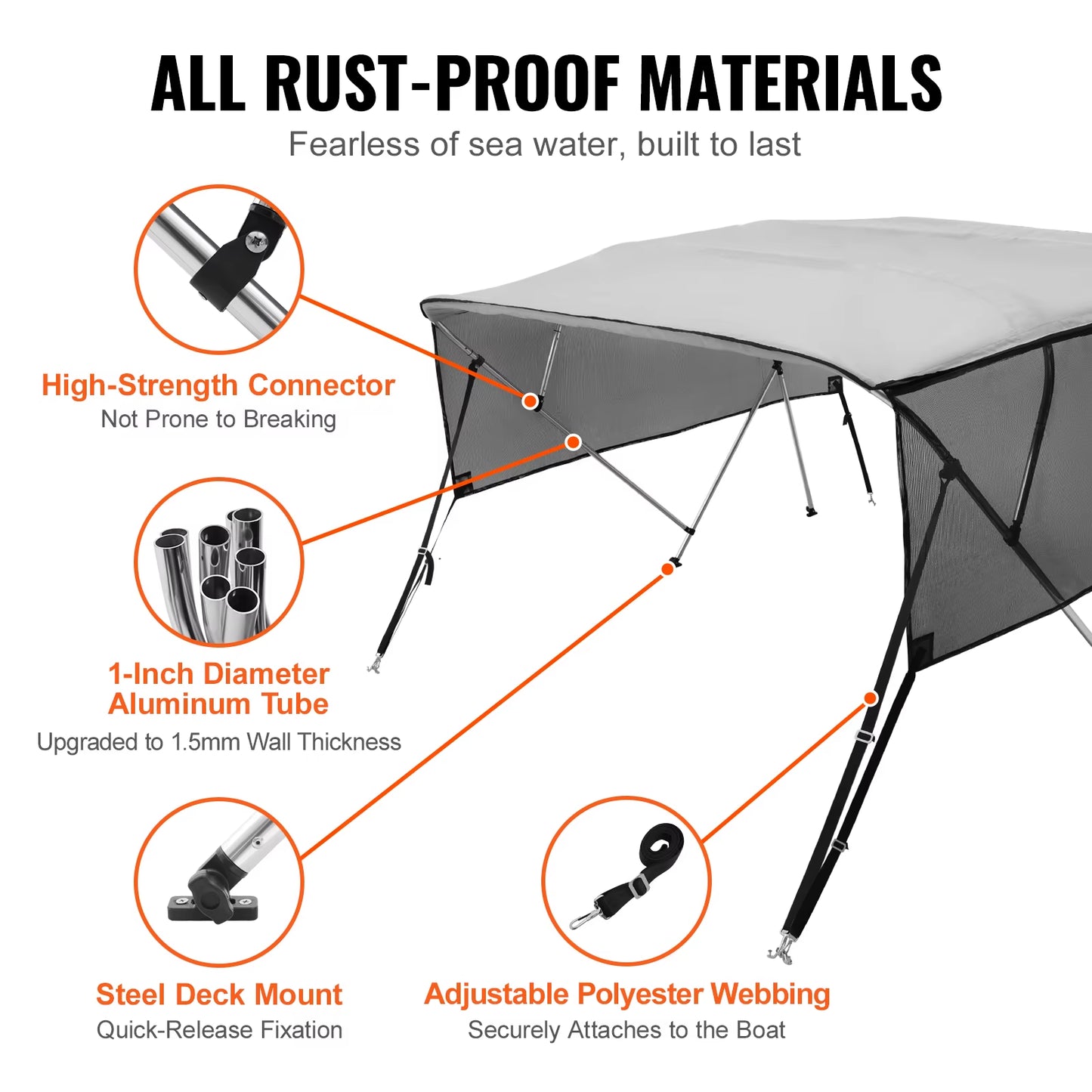 4 Bow Bimini Top Boat Cover Detachable Mesh Sidewalls 600D Polyester Canopy with Aluminum Alloy Frame Include Storage Boot