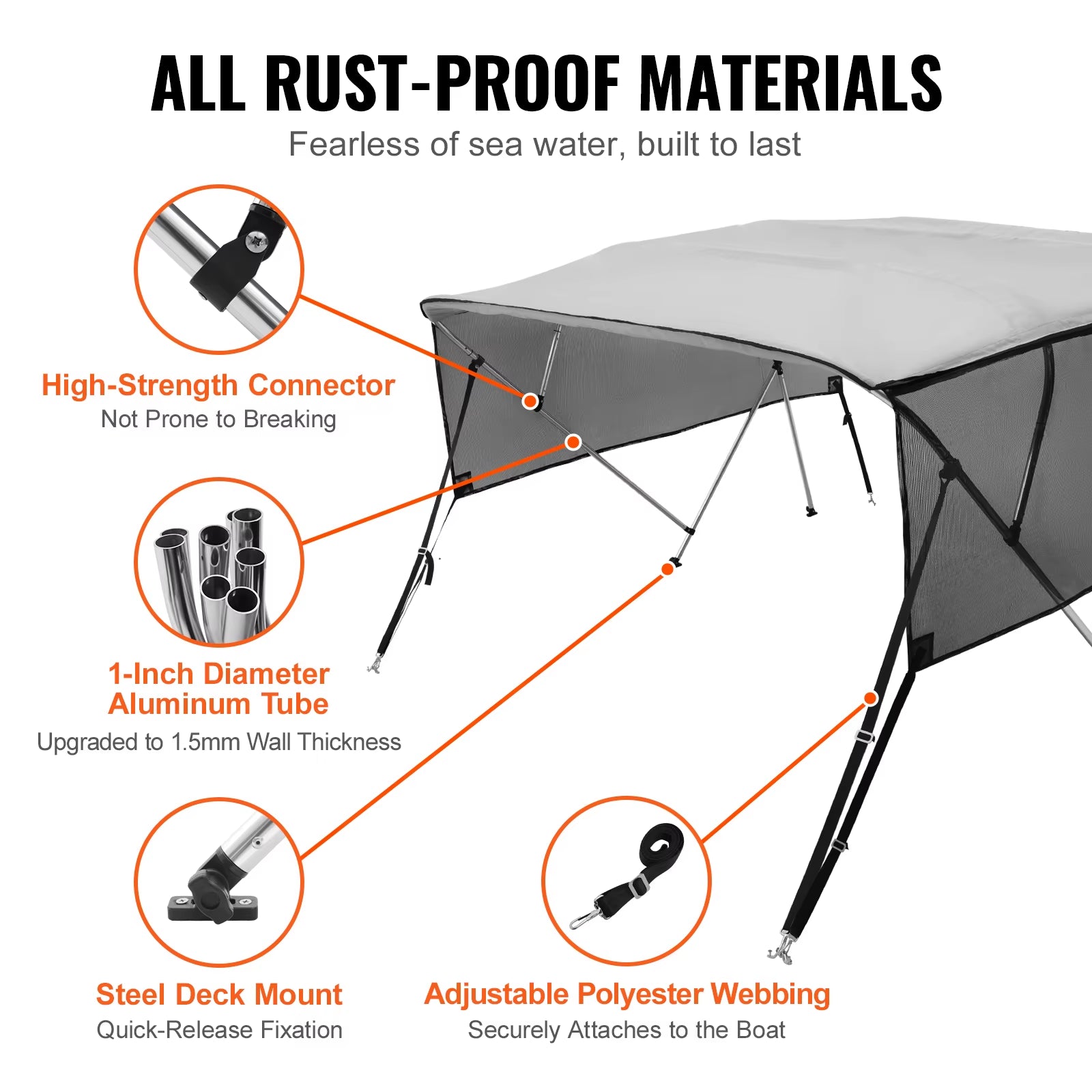 4 Bow Bimini Top Boat Cover Detachable Mesh Sidewalls 600D Polyester Canopy with Aluminum Alloy Frame Include Storage Boot